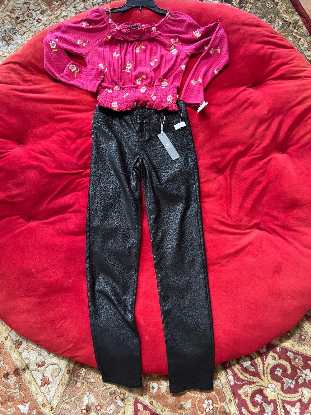 Xtraordinary Hot Pink Embroidered Ruffled Top and black shimmery straight pants
